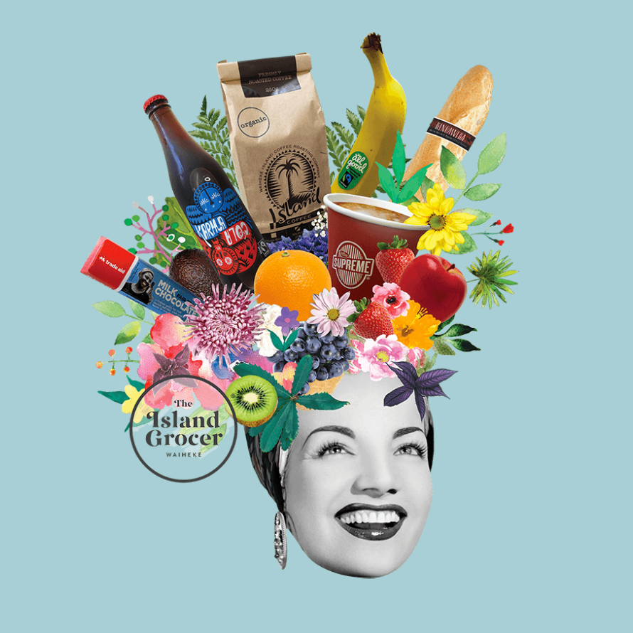 Head with groceries and flowers on a blue background, featuring 'The Island Grocer' logo.
